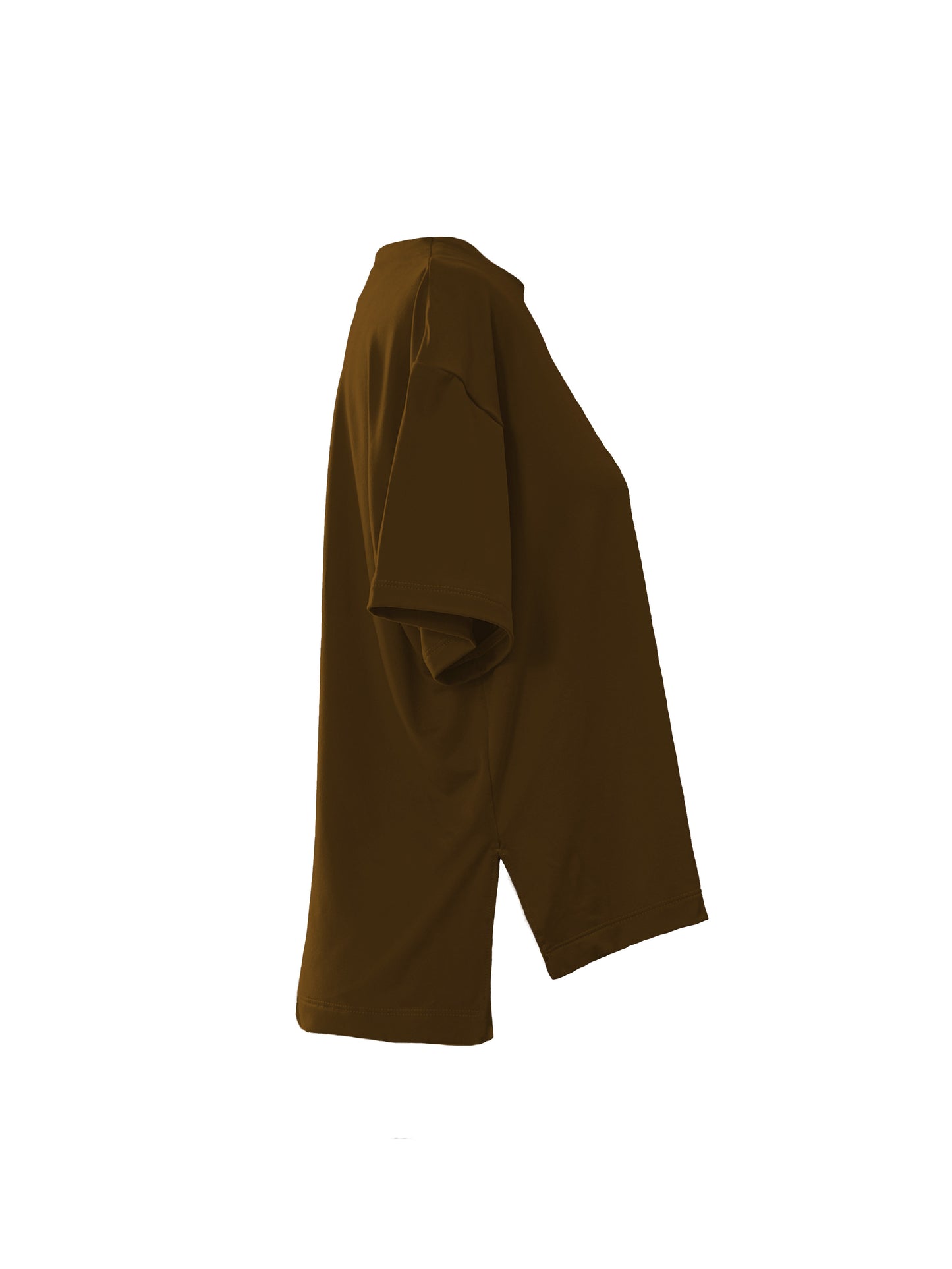 Side-slit t-shirt in Mocha showing length difference between front and back